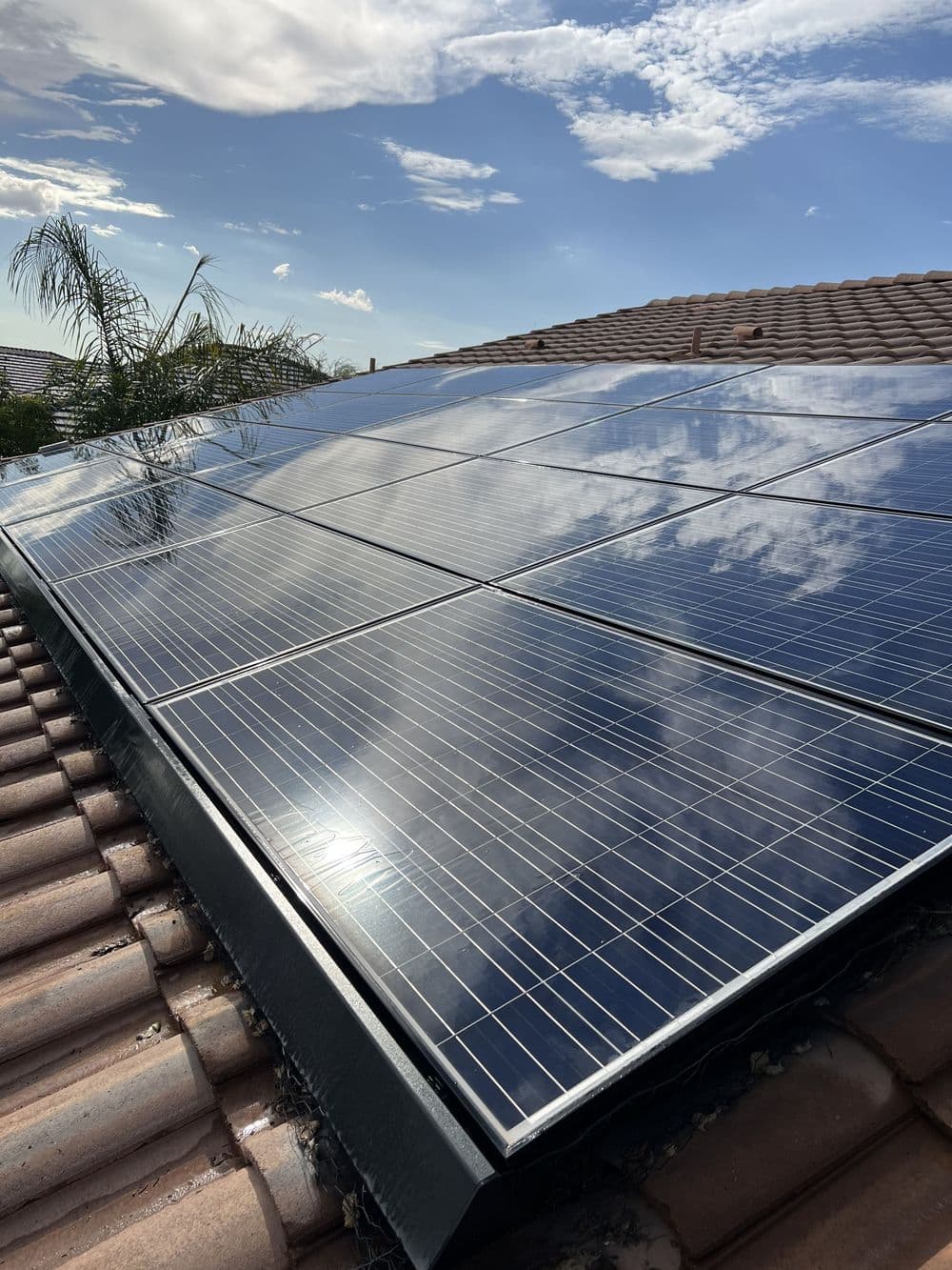 Solar panels reflecting clouds on a residential roof with palm trees in the background.